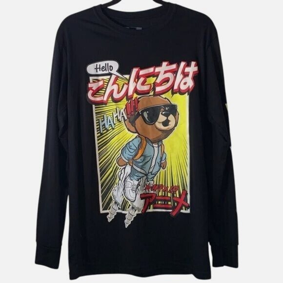 Hello Konnichiwa Anime Bear Graphic Long Sleeve T-Shirt By Hustle - Picture 1 of 8